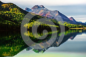 Mountain lake panorama with mountains reflection. Idyllic look. Autumn forest. Silvaplana Lake,