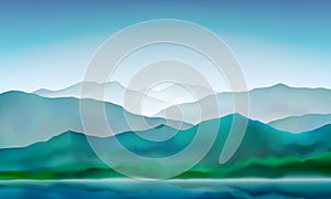 Mountain lake peaceful landscape, misty calm natural background. Blue mountain hills landscape. Vector illustration