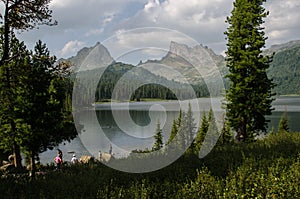 Mountain lake, peak Bird and peak Zvezdniy