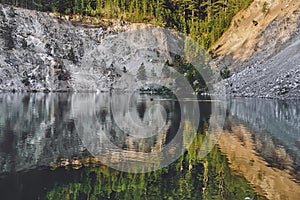 Mountain Lake in Pine Forest Reflected in Water