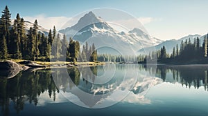 mountain lake reflecting the surrounding peaks at sunrise