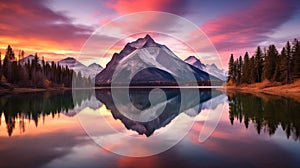 mountain lake reflecting the surrounding peaks at sunrise