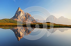 Mountain lake reflection, Dolomites, Passo Giau