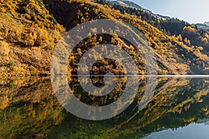 Mountain lake with reflection, fall trees and mountains