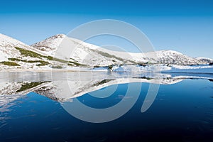 Mountain Lake. Reflection of sky in water. Spring landscape. Car