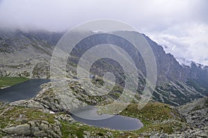 Mountain lake and rocks under cloudy sky in High Tatras National Park, Slovakia