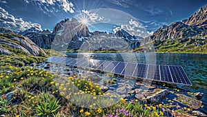 Mountain Lake Serenity: Solar Panels Amid Nature, generative ai