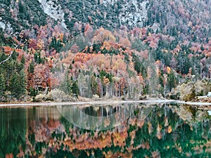 Mountain lake shot with autumn tree reflections on a water