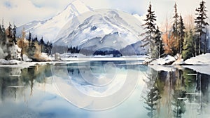 Mountain lake with snow and reflections in the water. Digital painting. Generative AI