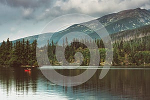 Mountain lake Strbske Pleso in High Tatras National Park, Slovakia.Tourist attraction of Europe