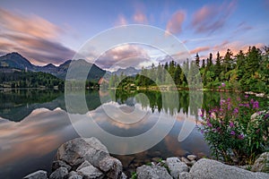 Mountain lake Strbske Pleso in National Park High Tatra, Slovaki