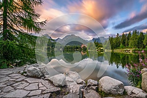 Mountain lake Strbske Pleso in National Park High Tatra, Slovaki