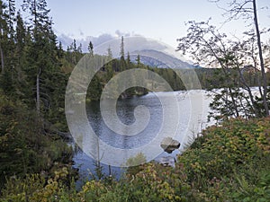 Mountain lake Strbske pleso in National Park High Tatra, Slovakia, Europe, summer at dusk