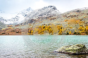 Mountain lake on a Sunny day. Autumn weather in the mountains