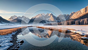 Mountain lake at sunrise, winter landscape in the mountains