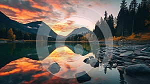 Mountain lake at sunset with reflection in water. Colorful autumn landscape. Generative AI