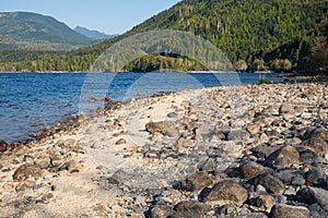 Mountain lake surrounded by green pine tree forest in summer. Beautiful lake in the Vancouver Island