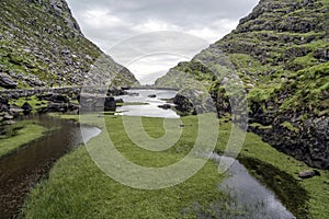 Mountain lake surrounded by high cliffs