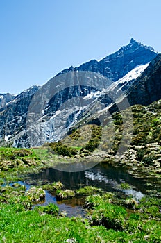 Mountain lake between Swiss Alps