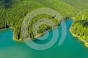 Mountain lake with turquoise water and green trees. Reflection in the water. Beautiful summer landscape with mountains, forest and