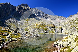 Mountain lake Velke Spisske pleso with mount Ladovy stit in Mala Studena Dolina, Tatra Mountains, Slovakia.