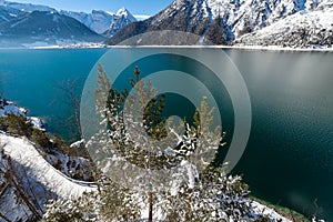 Mountain lake view snow landscape in the Alps, Austria, Achensee, Tiro photo