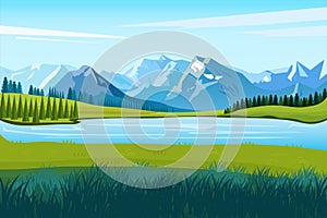 Mountain lake view. Spring summer beautiful nature cartoon.