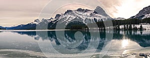 Mountain Lake Wide Panoramic Landscape Rugged Mountains Peak Range Canmore Alberta Canadian Rockies Frozen Blue Lake