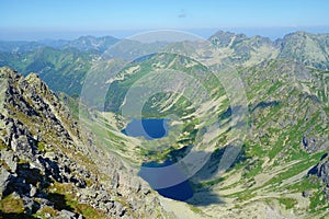 Mountain lakes called Temnosmrecianske pleso from the top of Koprovsky Stit mountain, Tatry national park, Slovakia