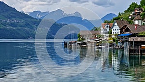 Mountain lakes and villages of Switzerland. Walensee lake