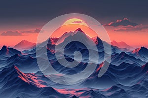 Mountain landcsape in the shape of sea waves and a sun, horizon view at sunset, 3D nature illustration, generative ai