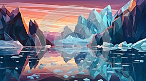 Cubist Faceting Illustration Of Ice Mountain Landscape With Water photo
