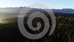 Mountain landscape aerial, epic view. Aerial view of mountain landscape and morning fog.