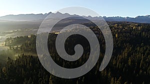 Mountain landscape aerial, epic view. Aerial view of mountain landscape and morning fog.