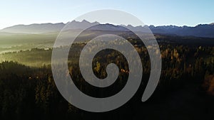 Mountain landscape aerial, epic view. Aerial view of mountain landscape and morning fog.