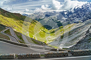 Mountain landscape along the road to Stelvio pass at summer