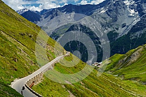 Mountain landscape along the road to Stelvio pass at summer