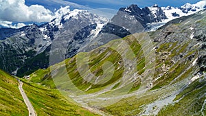 Mountain landscape along the road to Stelvio pass at summer