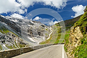 Mountain landscape along the road to Stelvio pass at summer