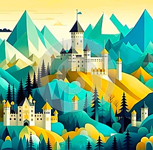 A mountain landscape with an ancient castle on a rock made of geometric figures in the style of a risograph with an empty space