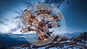 Mountain landscape with ancient, majestic, lonely bristlecone pine tree in the foreground at night with Milky Way galaxy.