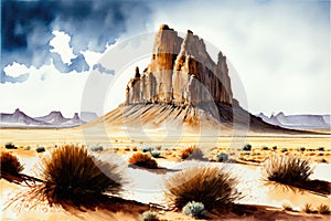 Mountain landscape in arid desert, national park. Watercolor. Generative AI