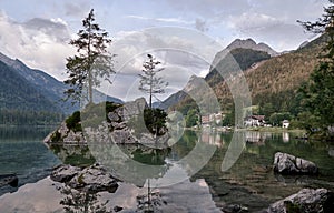 Mountain landscape around lake Hintersee in Ramsau Germany