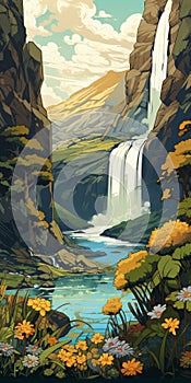 Mountain Landscape Art: Waterfall In The Mountains photo