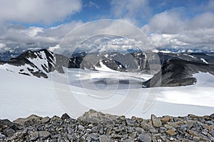 Mountain landscape as seen from Glittertind mountain slope in Northern direction. Lom, Norway