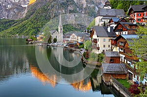 Mountain landscape in Austria Alp with lake, Hallstatt photo