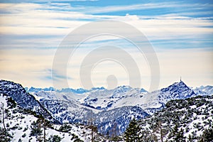 Mountain landscape in Austria, near Lofer ski resort in winter, towards Kitzbuhel
