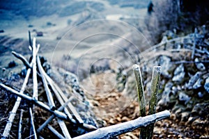 Mountain landscape in autumn freezing morning