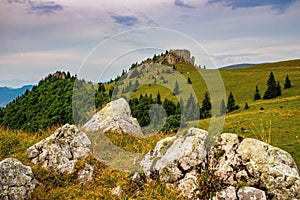 Mountain landscape with beautiful colorful sky, rocky cliff and mountain meadows with trees.