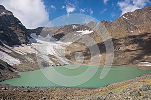 Mountain landscape with beautiful lake, sky and glacier.